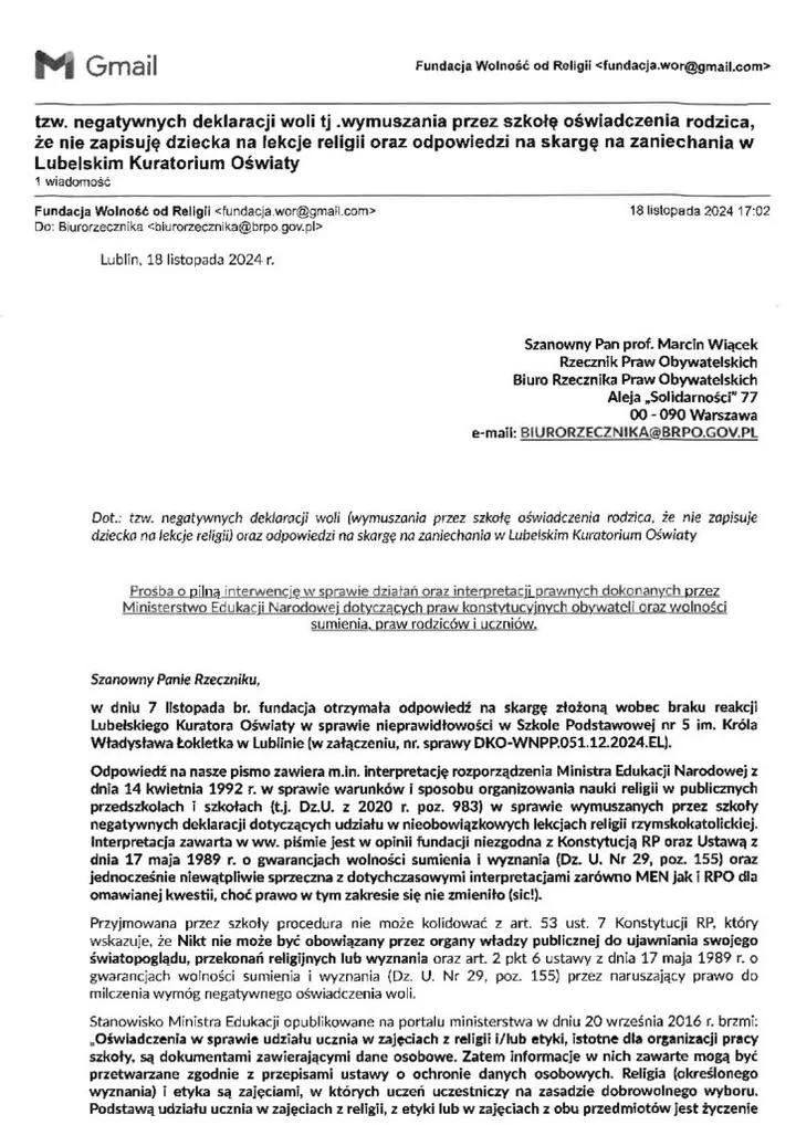 Skarga do kuratorium oświaty